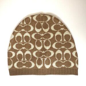 Coach Signature CC Logo Monogram Pattern Brown Tan Merino Wool Knit Beanie Hat